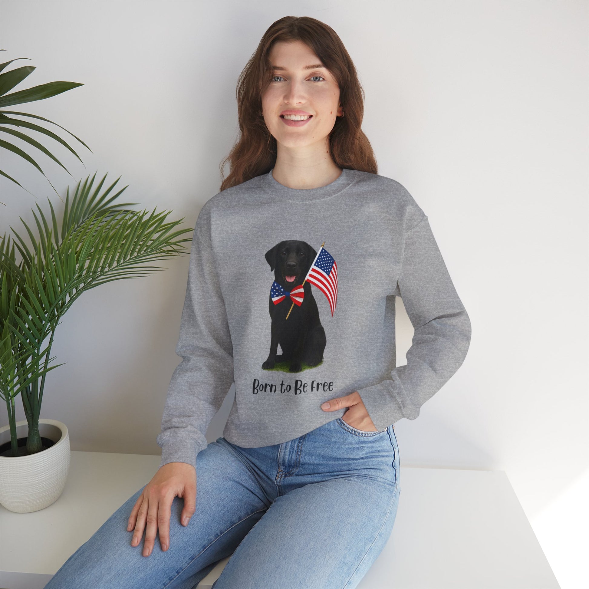 Woman wearing a gray sweatshirt with a dog and American flag design, sitting in a room with a plant.