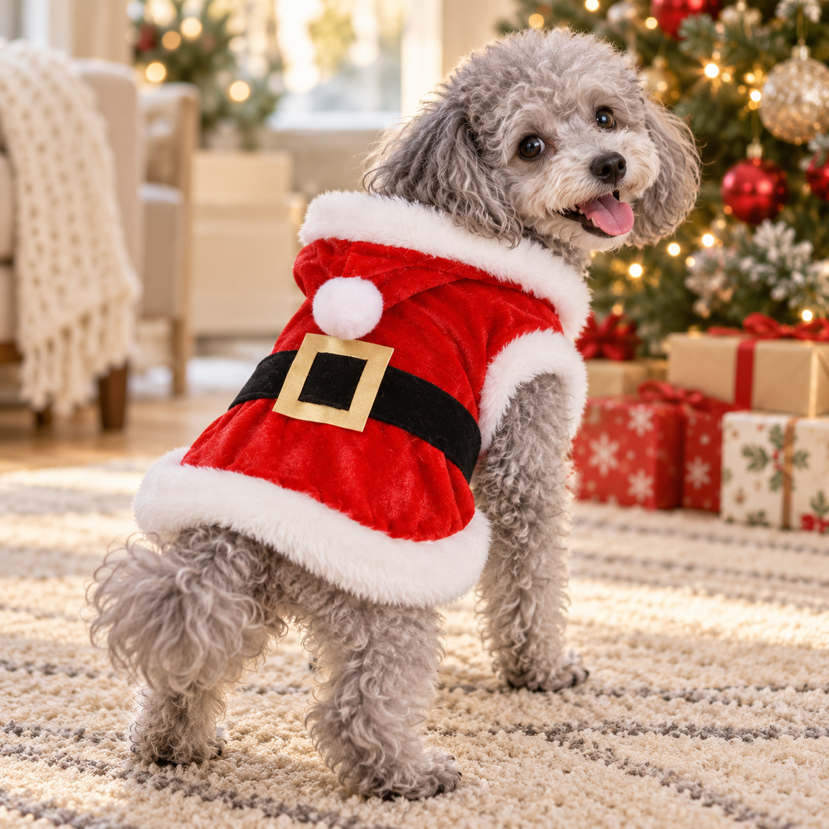 Small gray dog wearing a red Santa costume with white trim and a black belt