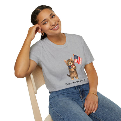 Person wearing a gray t-shirt with a cat holding an American flag graphic and text.