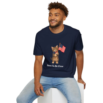 Man wearing a navy blue t-shirt with a green tree design on a white background