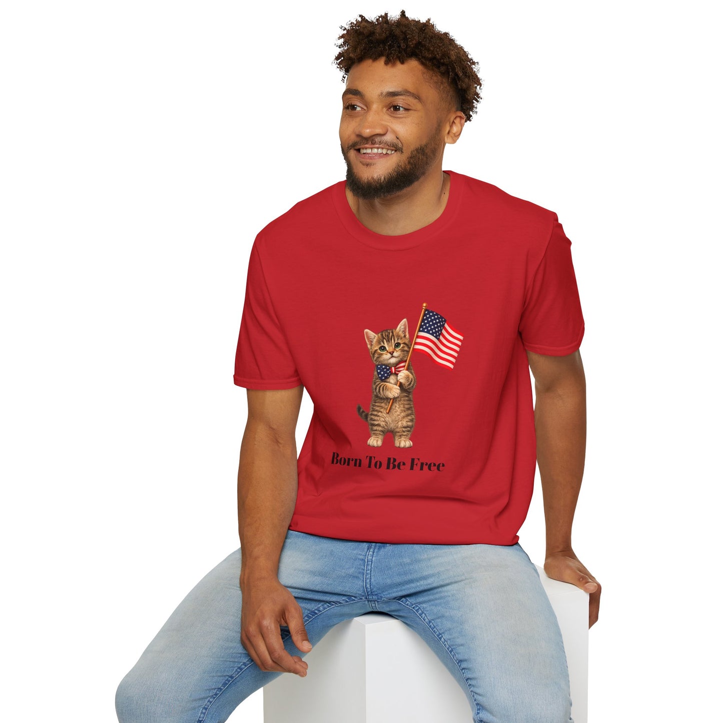 Man wearing a red t-shirt with a graphic design on a white background