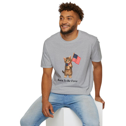 Man wearing a gray t-shirt with a cat holding an American flag graphic and text.