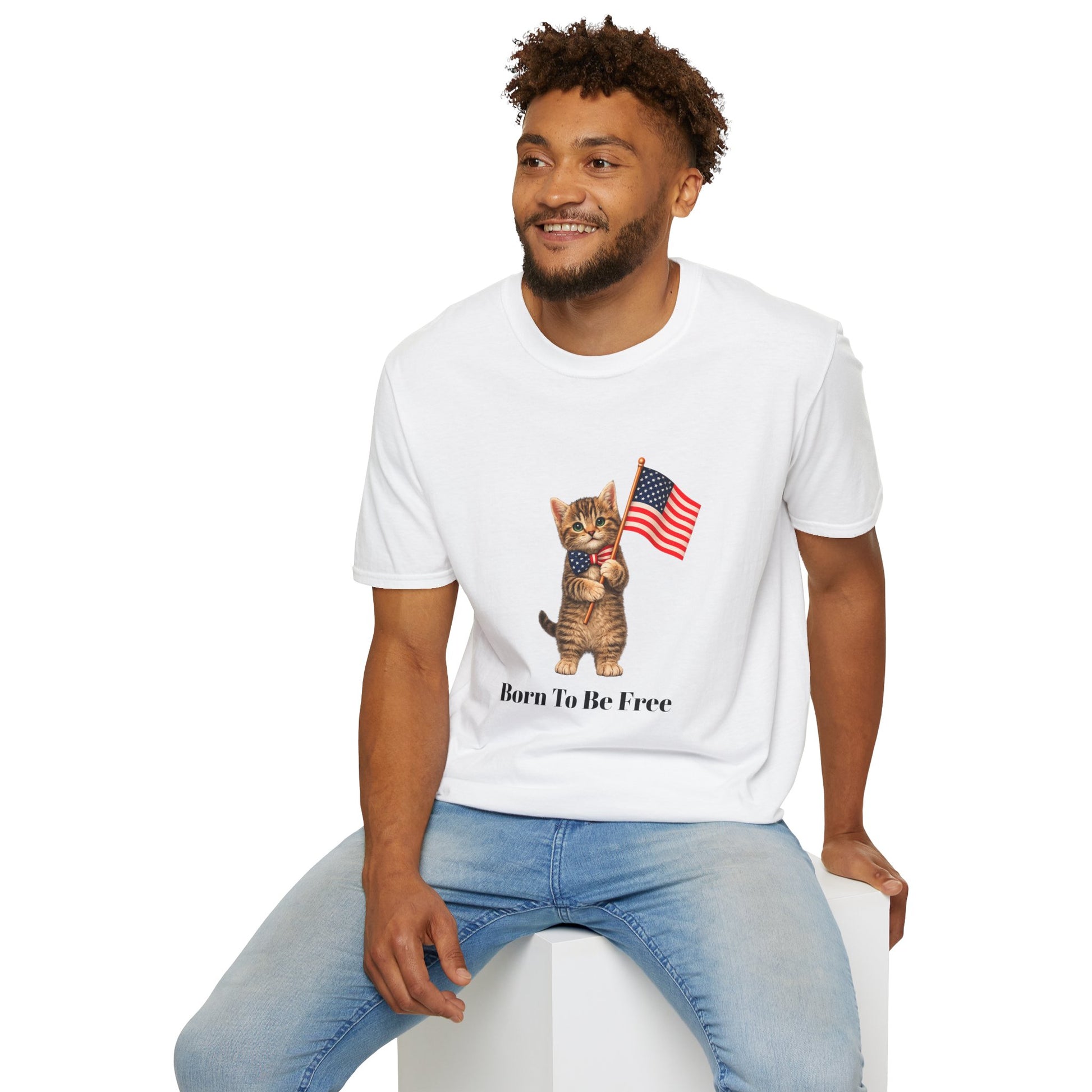 Man wearing a t-shirt celebrating America's 250th anniversary on a white background