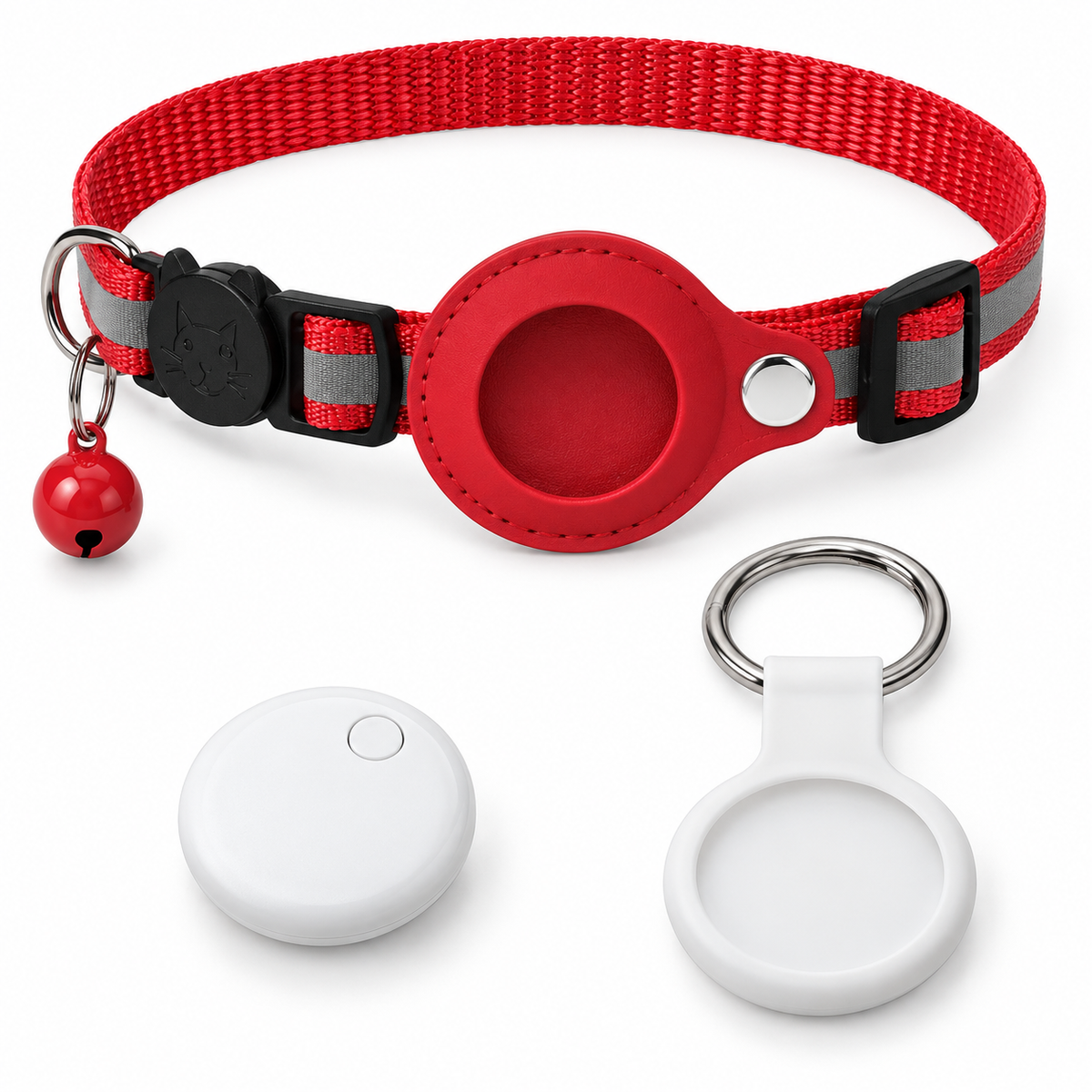 Red reflective pet collar with bell and tracker holder, white tracking device, and white keychain holder