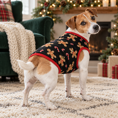 Jack Russell terrier wearing a black fleece Christmas costume with gingerbread men, candy canes, and red trim in a festive living room.