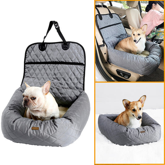 Gray pet car seat cover with a dog inside, shown from multiple angles.
