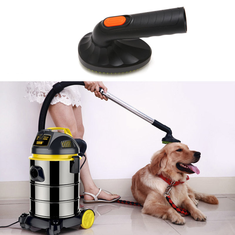 Vacuum cleaner with a brush attachment and a dog sitting on the floor.