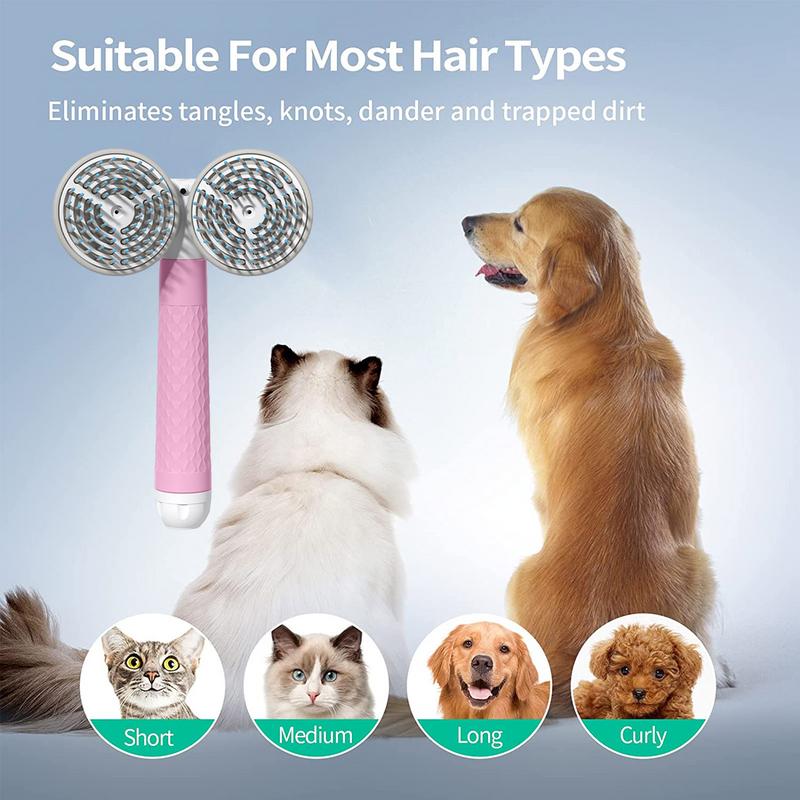 Pet grooming tool with a dog and cat, and text indicating suitability for various hair types.