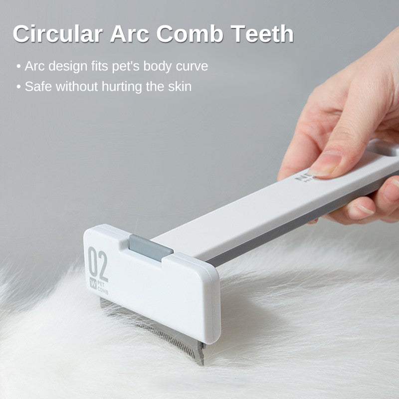 Pet grooming comb with circular arc comb teeth being used on a pet, against a gray background.