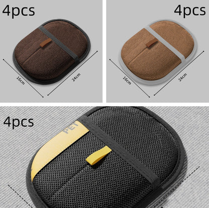 Three views of a car seat cushion with measurements on a gray background