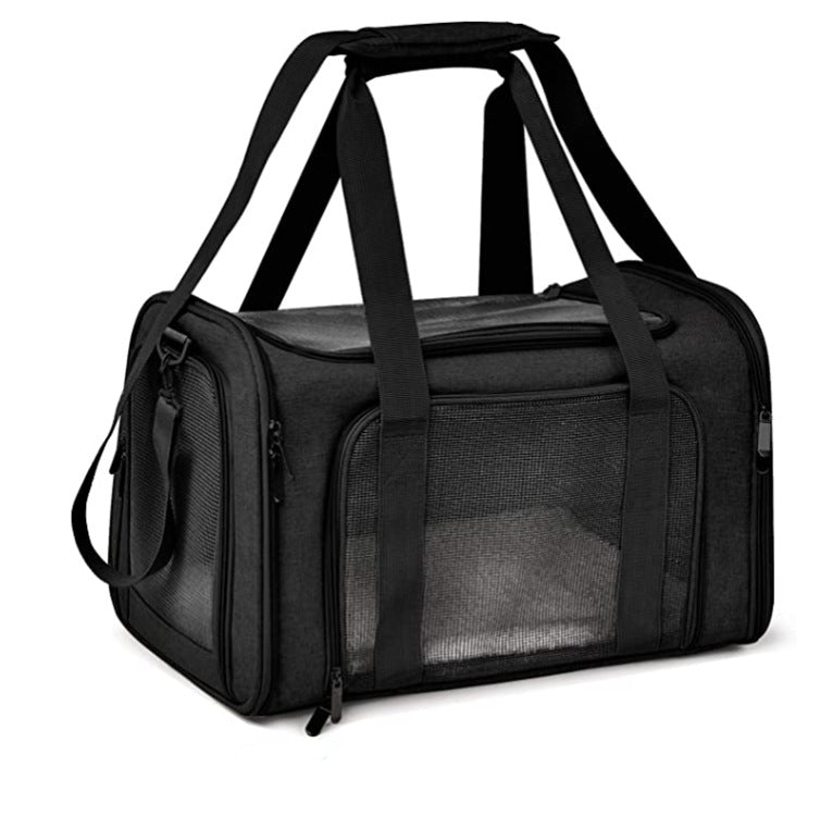 Black pet carrier with mesh side on a white background