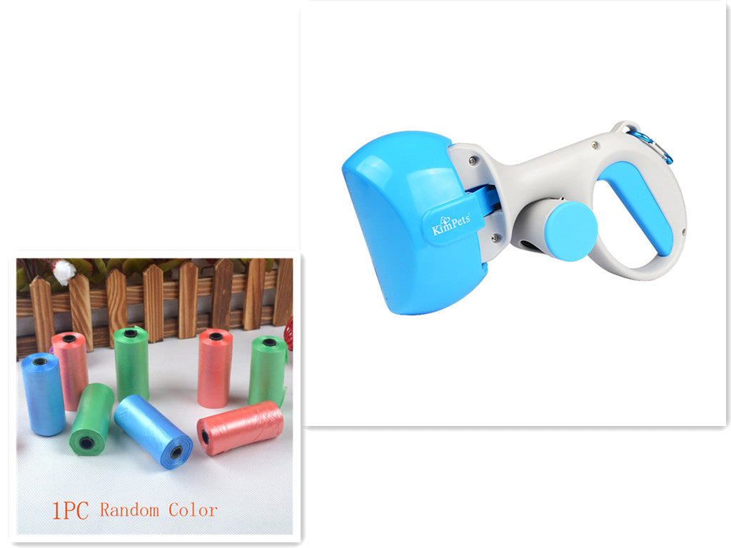 Blue and white pet training device with colorful dog training collars on a white background.