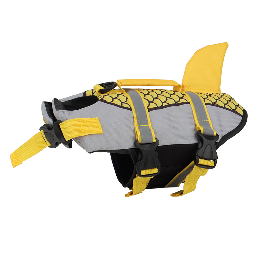 Dog life jacket with shark fin design on a white background