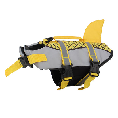 Dog life jacket with shark fin design on a white background