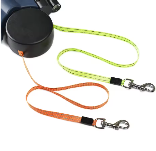 Two dog leashes, one orange and one green, with metal clips on a white background.