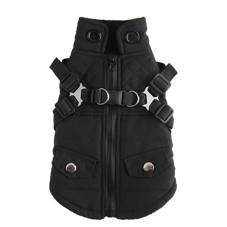 Black dog vest with harness on a white background