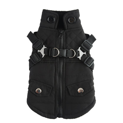 Black dog vest with harness on a white background