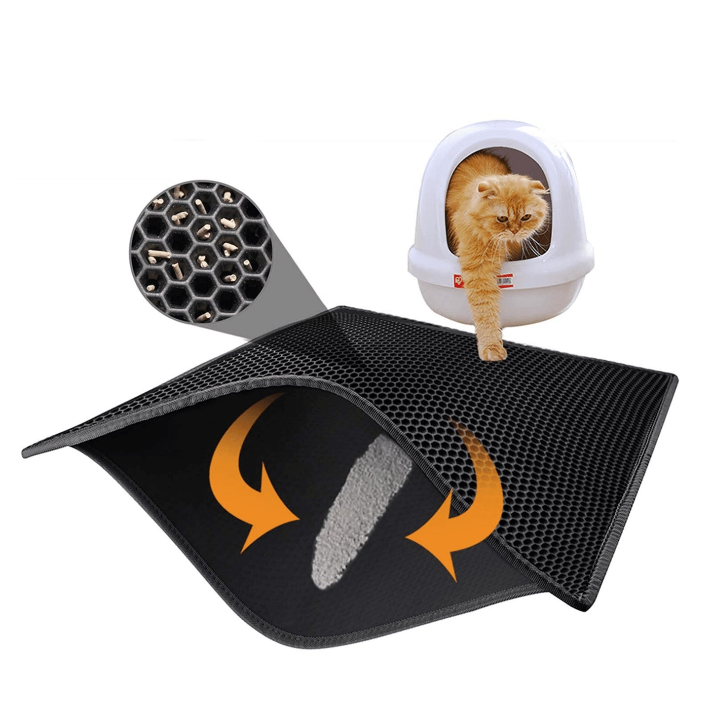 Cat litter mat with textured surface and honeycomb pattern, featuring a cat peeking out from a litter box.
