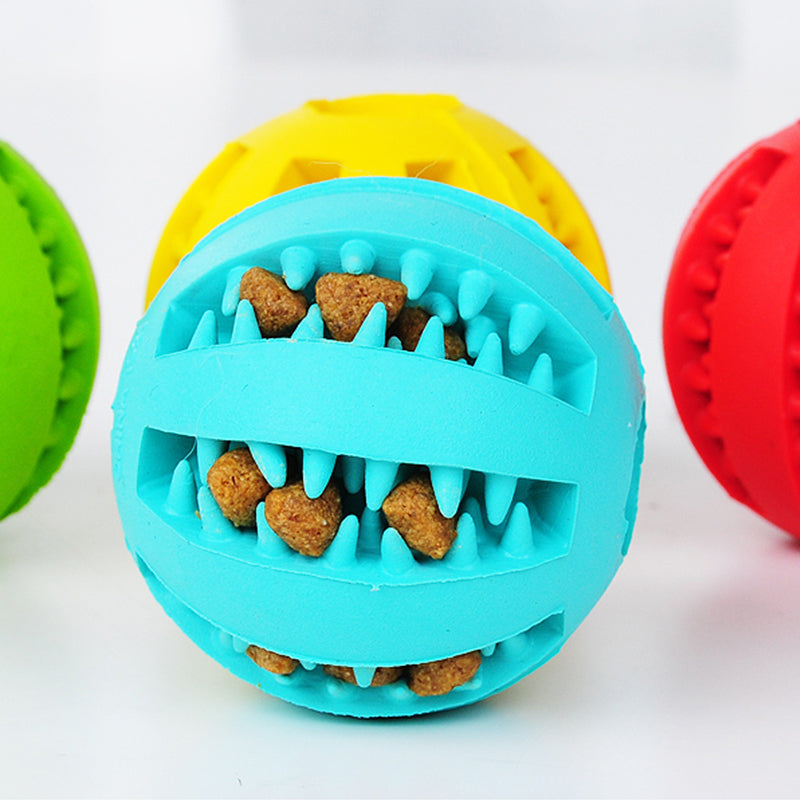 Colorful dog toy ball with treats inside on a white background