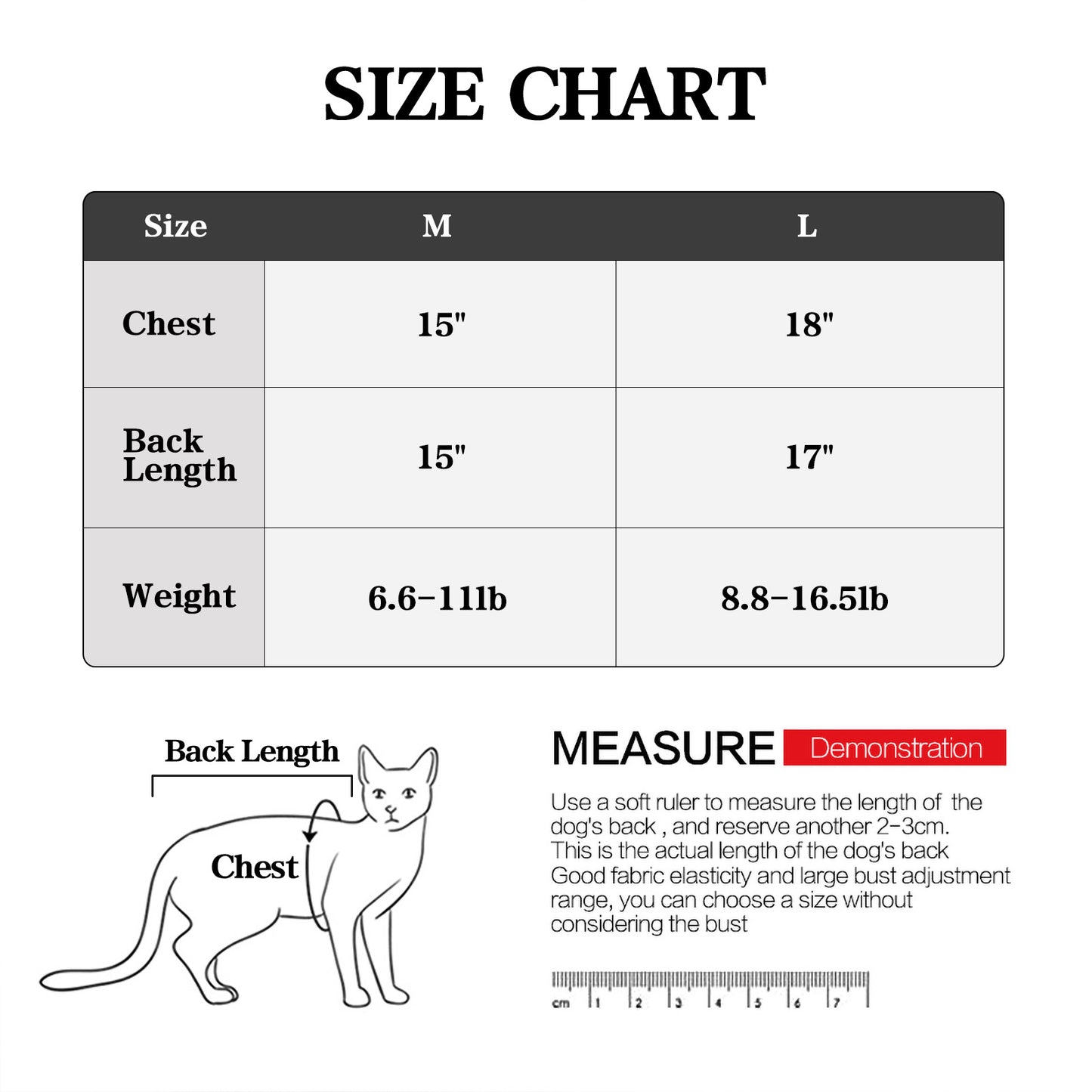Size chart for medium and large dog coats with measurements and a diagram of a cat.