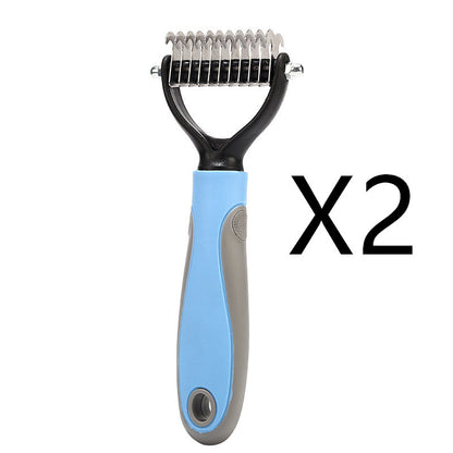 Pet grooming tool with blue handle and black metal surface on a white background