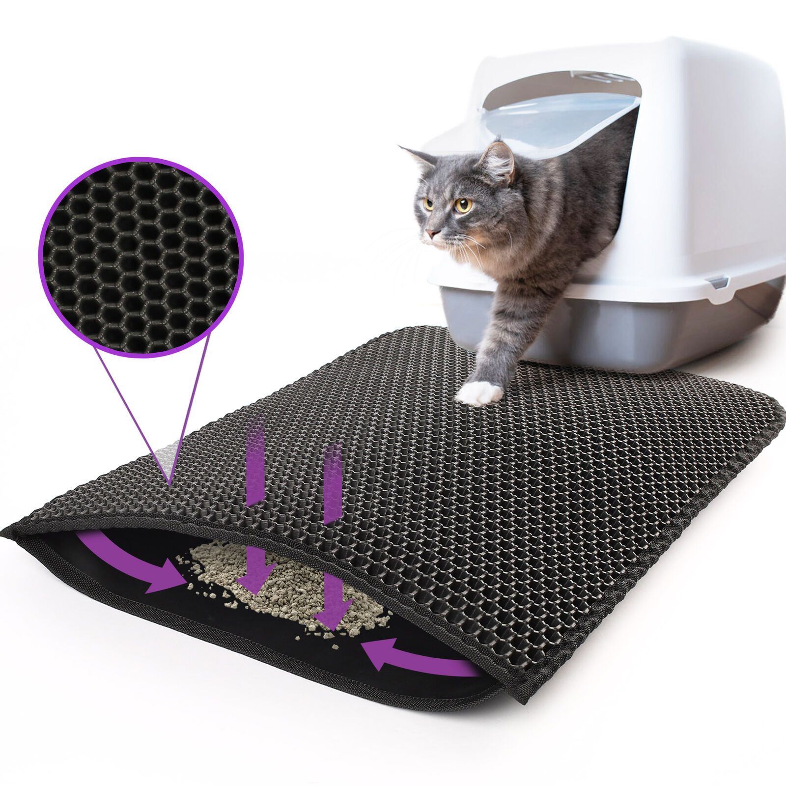 Cat using a litter mat with a close-up of the mat's texture and a cat peeking out from a litter box.