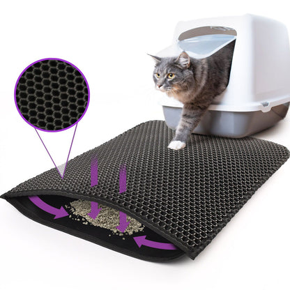 Cat using a litter mat with a close-up of the mat's texture and a cat peeking out from a litter box.