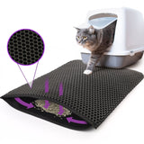 Cat using a litter mat with a close-up of the mat's texture and a cat peeking out from a litter box.