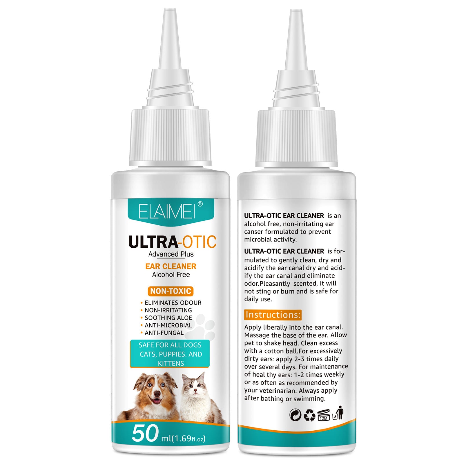 Two bottles of Elamei Ultra-Otic ear cleaner on a white background