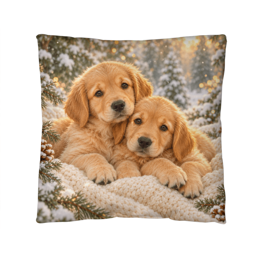 Golden retriever winter throw pillow with two puppies nestled among snowy evergreens