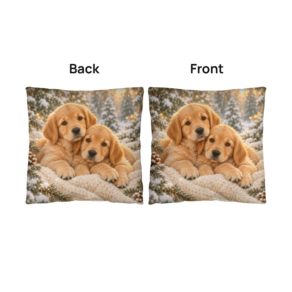 Front and back of the winter puppies pillow with matching golden retriever artwork