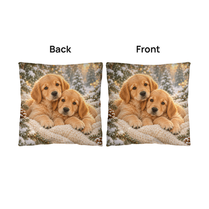 Front and back of the winter puppies pillow with matching golden retriever artwork