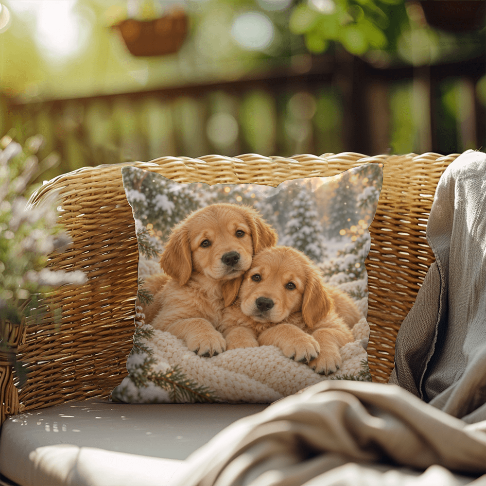 Winter puppies throw pillow on a wicker chair beside a soft blanket