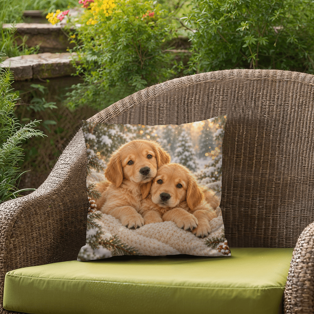 Winter puppies decorative pillow on a green outdoor chair cushion