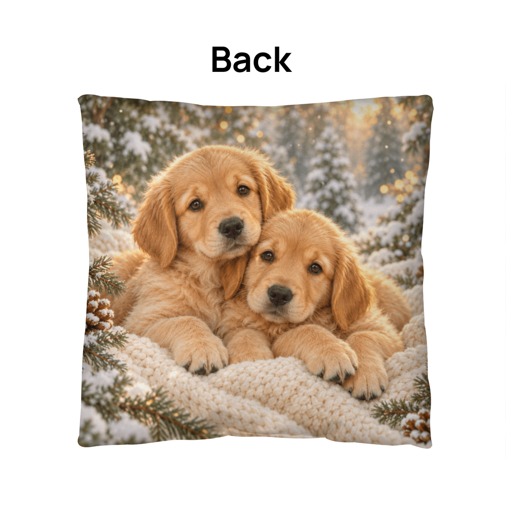 Back of the throw pillow showing two golden puppies in a snowy woodland scene