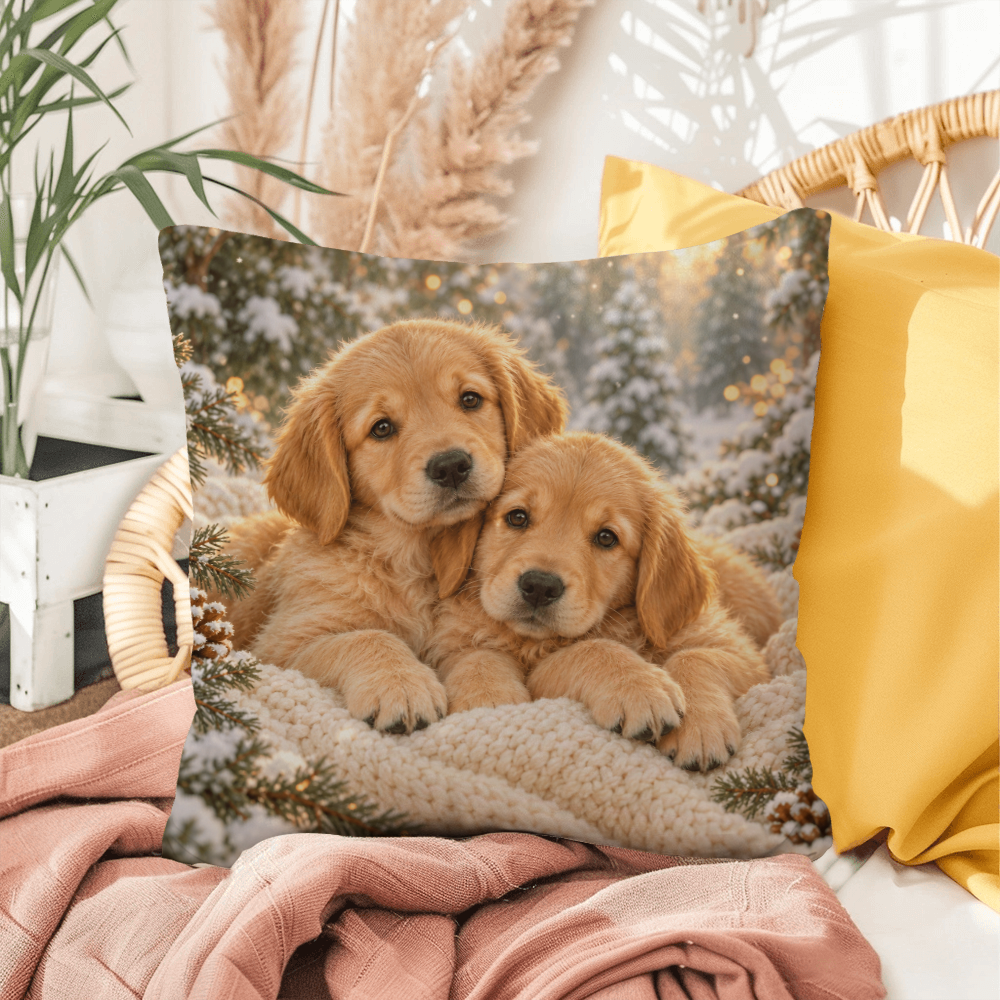 Cozy winter puppies pillow styled with a pink blanket and yellow cushion