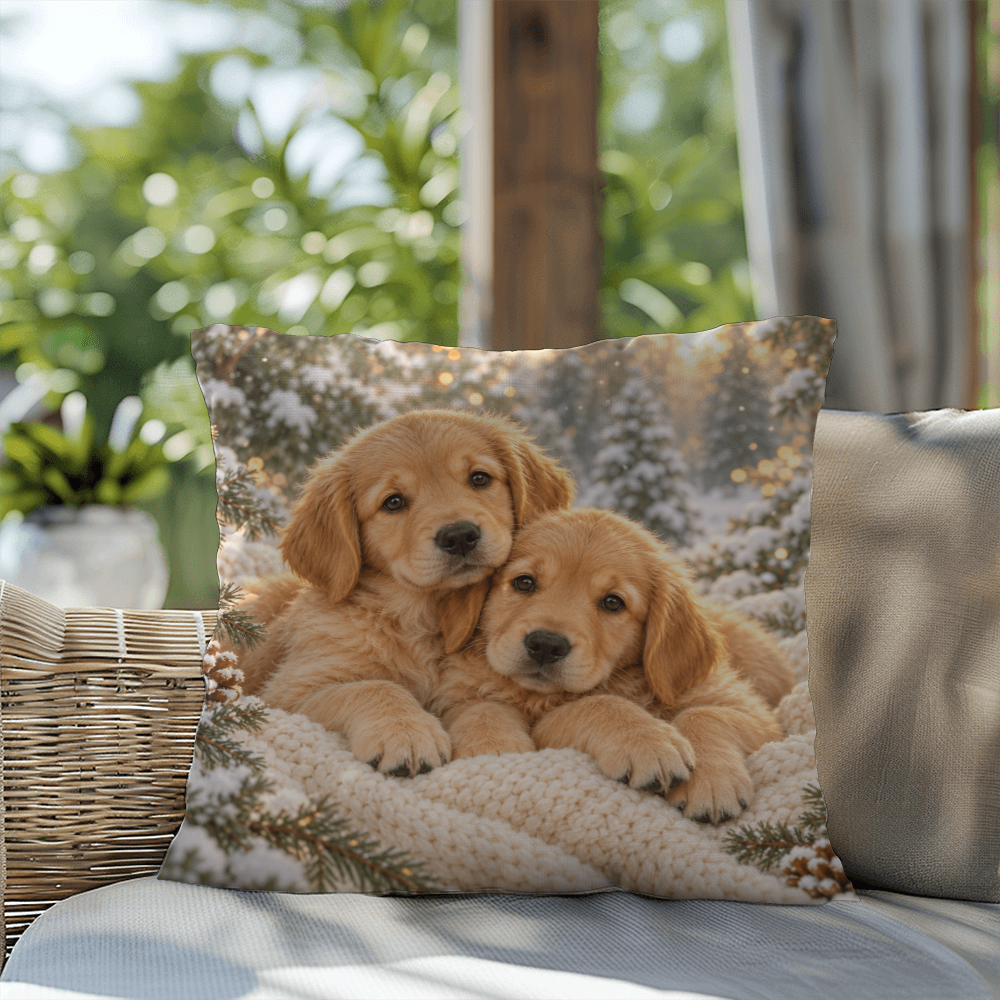 Golden retriever puppy pillow on an indoor chair with a pink throw and yellow cushion
