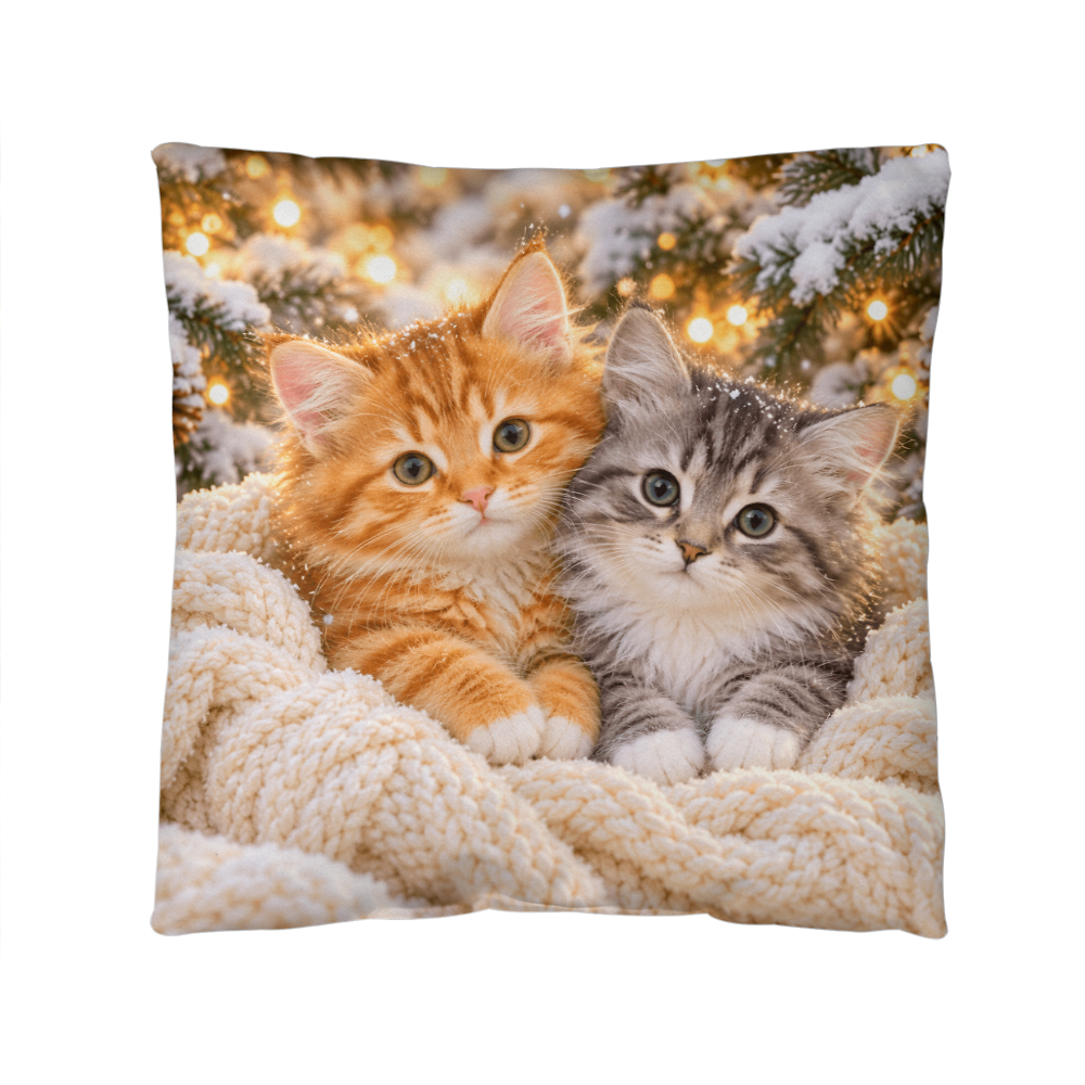 Winter kitten throw pillow featuring orange and gray kittens snuggled in a cream blanket