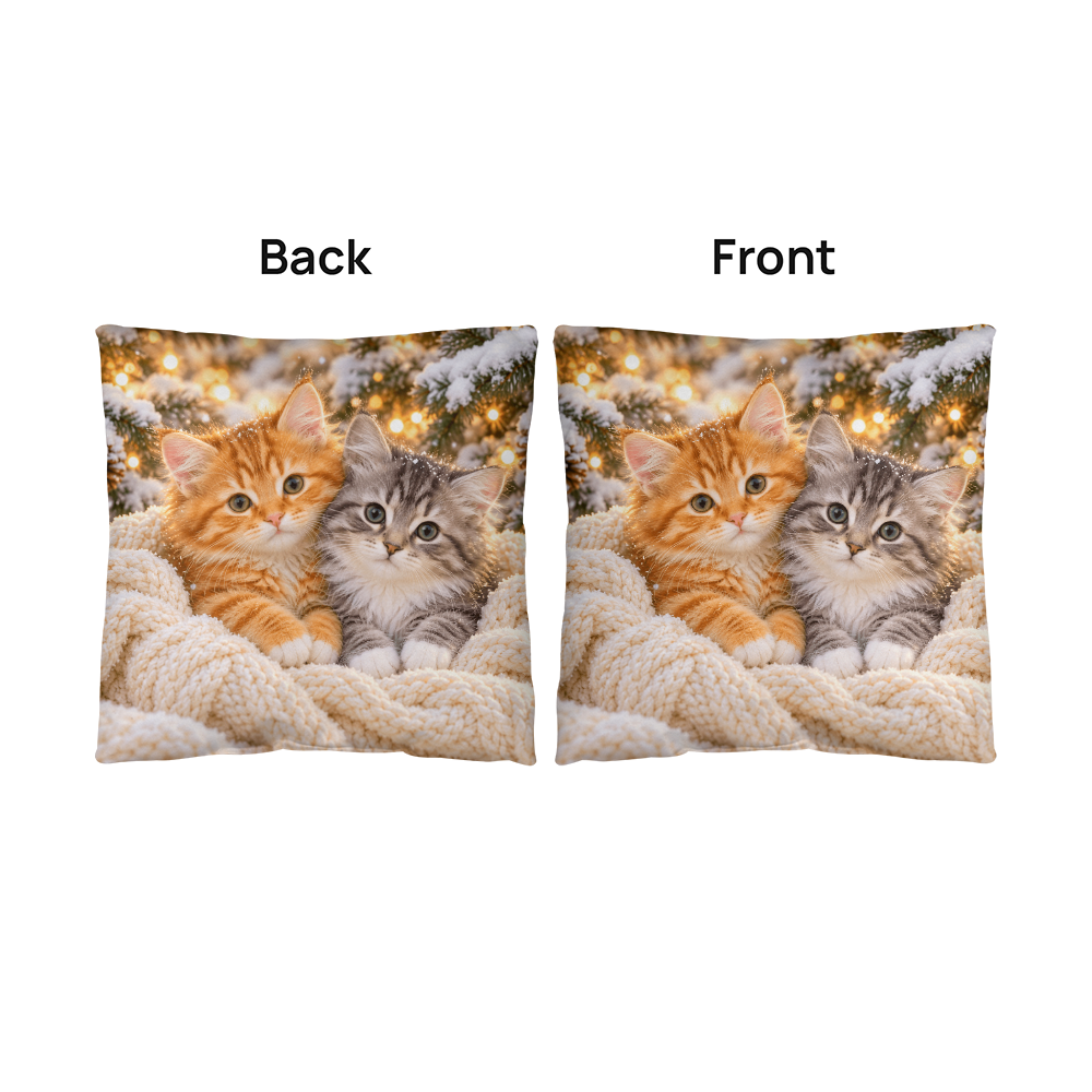 Front and back of winter kitten pillow showing matching artwork on both sides