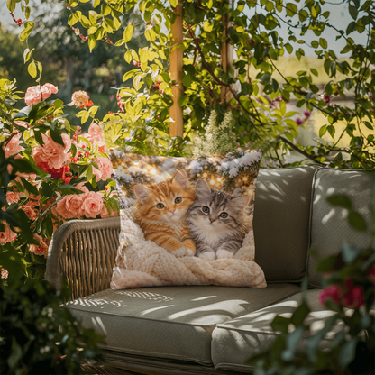 Winter kitten throw pillow on a garden chair surrounded by flowers and greenery