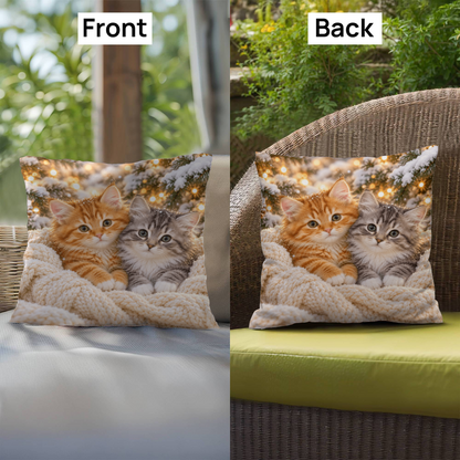 Front and back views of kitten throw pillow displayed on outdoor seating