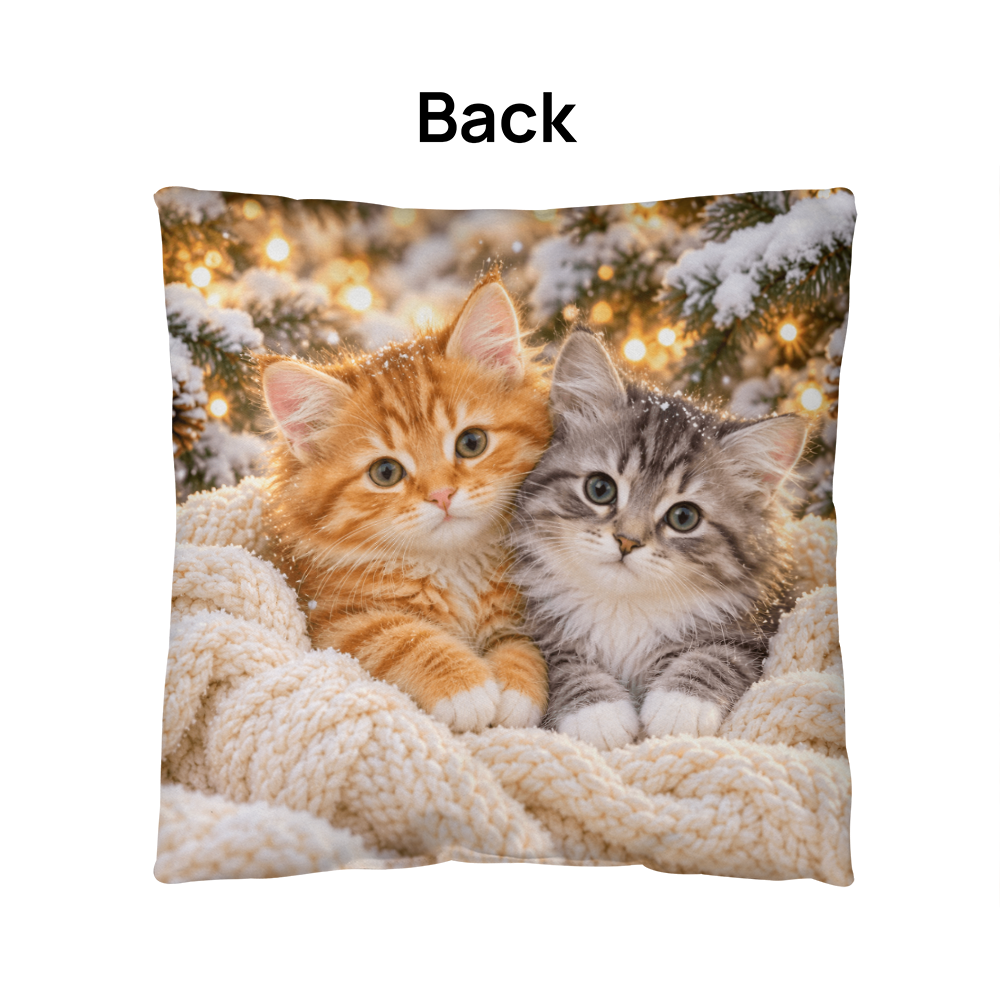 Back of winter kitten throw pillow with snowy evergreens and warm holiday lights