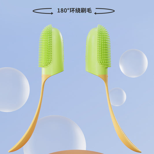Two green and yellow toothbrushes with 180-degree bristle design on a blue background with bubbles.