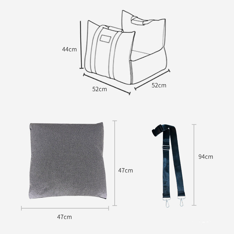 Measurement chart of a bag, pillow, and strap on a white background
