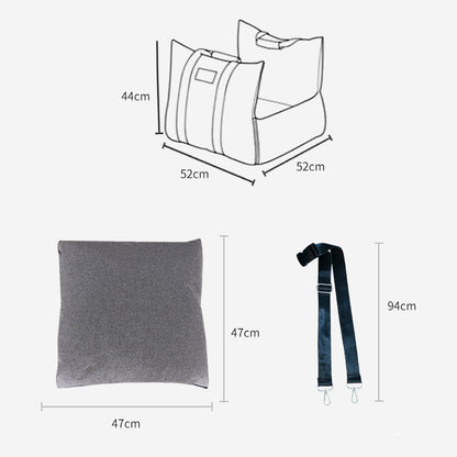 Measurement chart of a bag, pillow, and strap on a white background