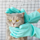 Person grooming a cat with teal gloves against a checkered background
