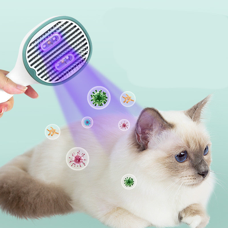 Pet grooming tool with UV light on a cat, surrounded by icons of germs on a light blue background