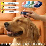 Person using a pet mouse bath brush on a dog with text indicating cleaning, massage, and bathing benefits.