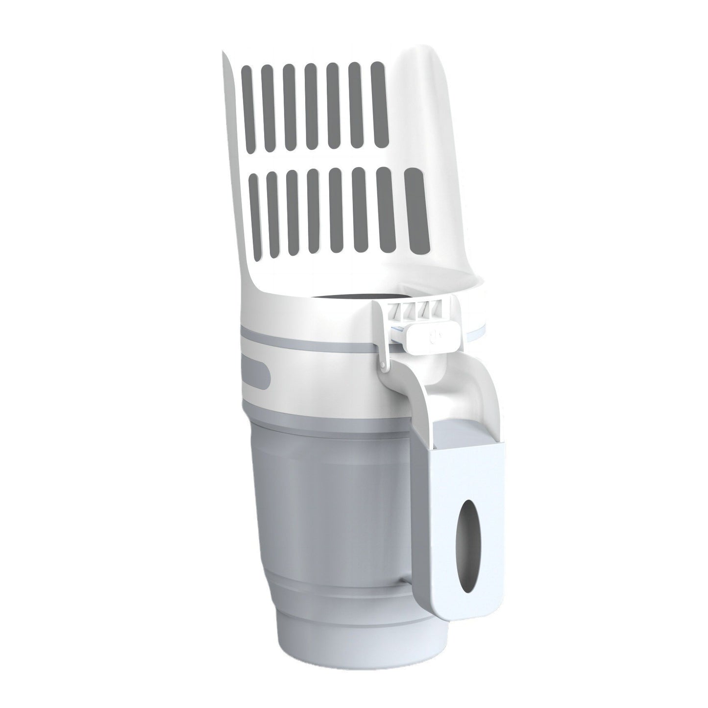 White and gray kitchen tool with a fan-like top on a white background