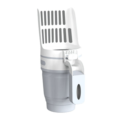 White and gray kitchen tool with a fan-like top on a white background